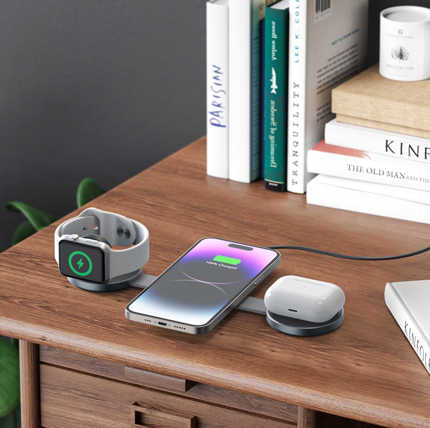 Desktop clutter buster! 3-in-1 wireless charger saves you 3 cables.
