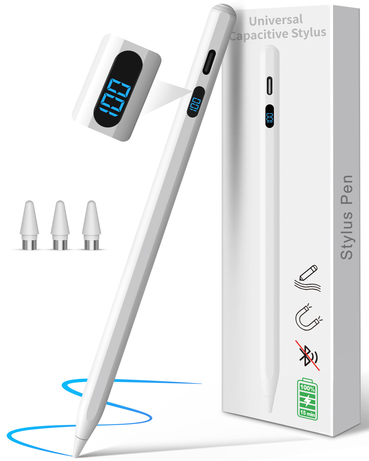 MEKO Digital Display Active Stylus Pen – Universal Touchscreen Pencil with 3 Replacement Tips, Charging Cable & Dust Plug