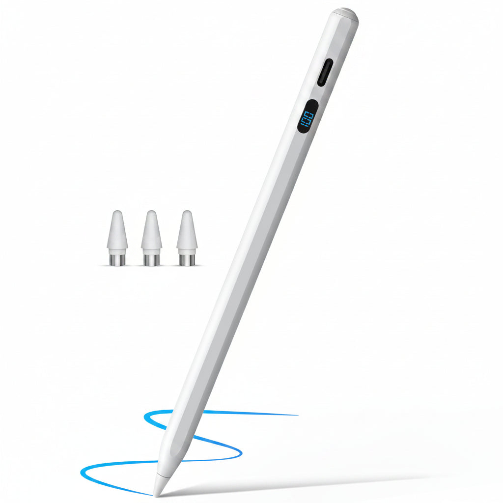 MEKO Digital Display Active Stylus Pen – Universal Touchscreen Pencil with 3 Replacement Tips, Charging Cable & Dust Plug