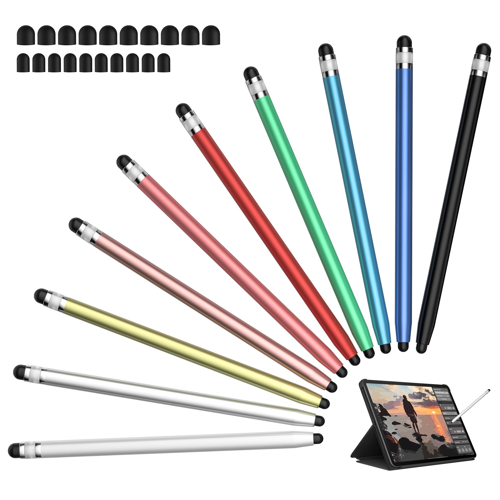 MEKO 2-in-1 Silicone Stylus Pen Set – 10 Pack with 20 Soft Silicone Tips, Universal Touch Screen Pen