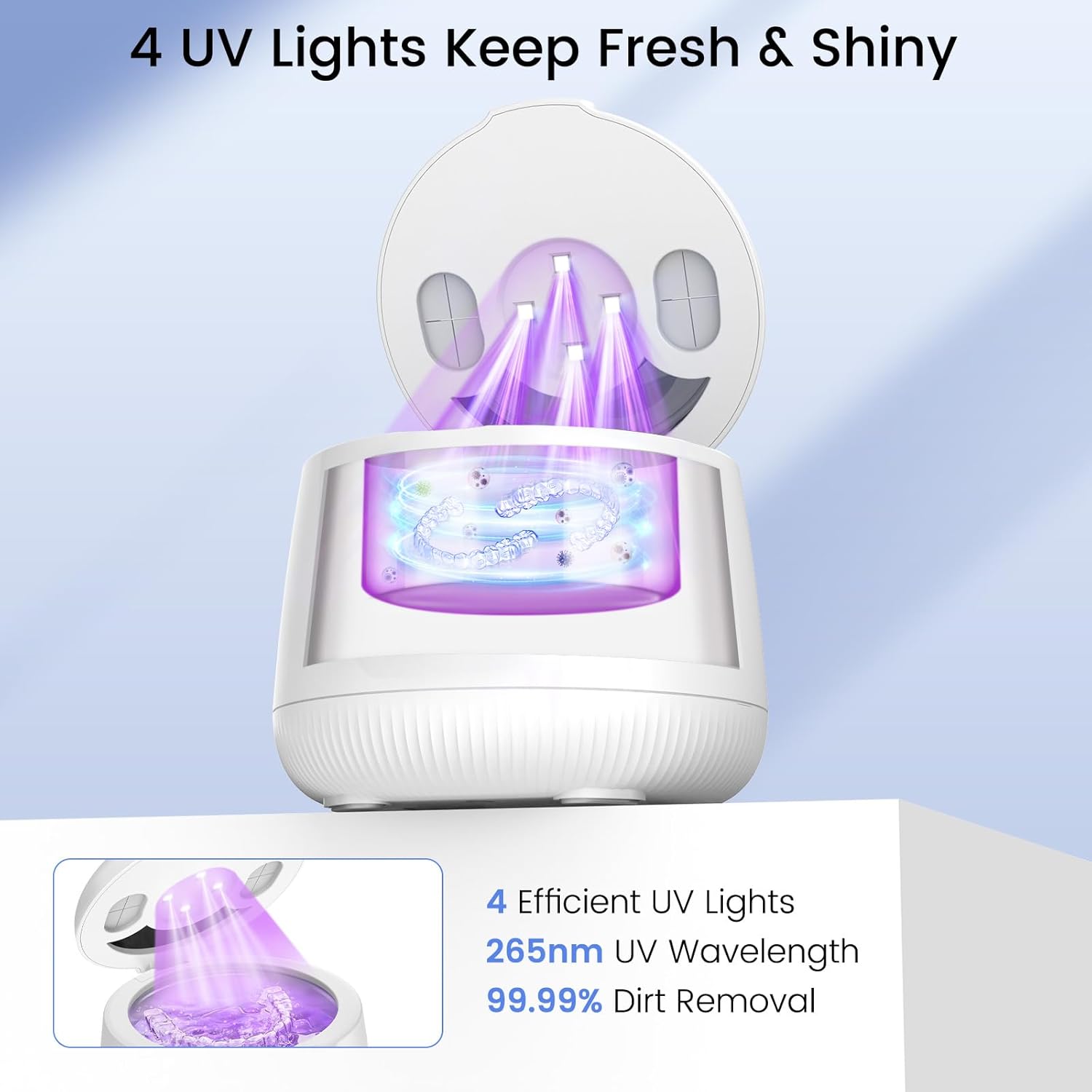 MEKO Cordless Ultrasonic Retainer Cleaner Machine, 48kHZ Rechargeable Denture Cleaner with 4000mAh Battery, IPX5 Waterproof Dental Pod for Aligner, Braces, Jewelry, Toothbrush Head-White