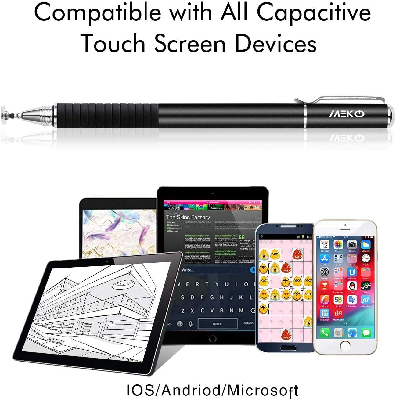 MEKO Universal Stylus,[2 in 1 Precision Series] Disc Stylus Touch Screen Pens for All Capacitive Touch Screens Cell Phones, Tablets, Laptops Bundle with 6 Replacement Tips - (2 Pcs, Black/Black)