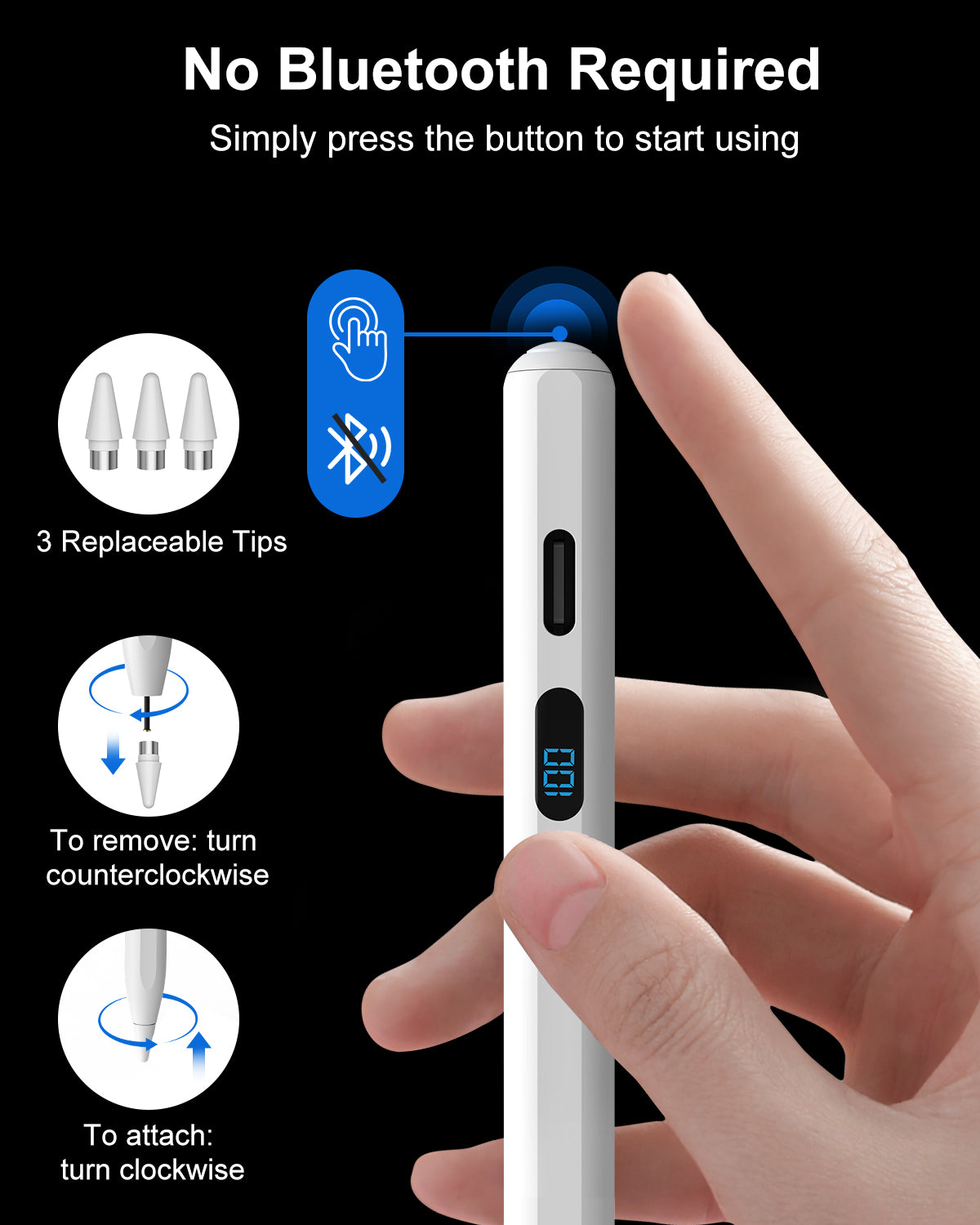 MEKO Digital Display Active Stylus Pen – Universal Touchscreen Pencil with 3 Replacement Tips, Charging Cable & Dust Plug