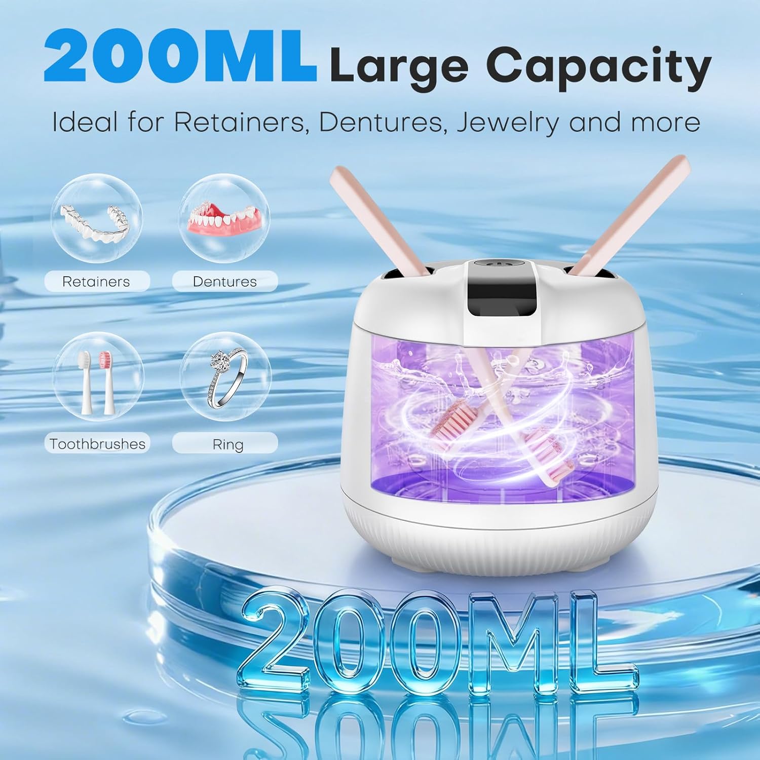 MEKO Cordless Ultrasonic Retainer Cleaner Machine, 48kHZ Rechargeable Denture Cleaner with 4000mAh Battery, IPX5 Waterproof Dental Pod for Aligner, Braces, Jewelry, Toothbrush Head-White