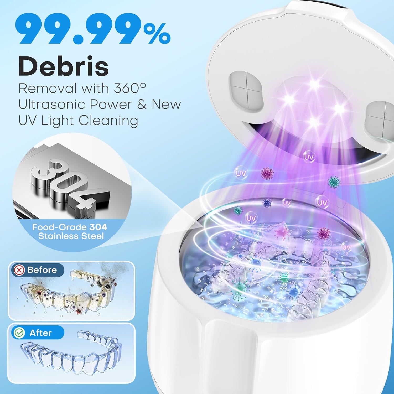 MEKO Cordless Ultrasonic Retainer Cleaner Machine, 48kHZ Rechargeable Denture Cleaner with 4000mAh Battery, IPX5 Waterproof Dental Pod for Aligner, Braces, Jewelry, Toothbrush Head-White