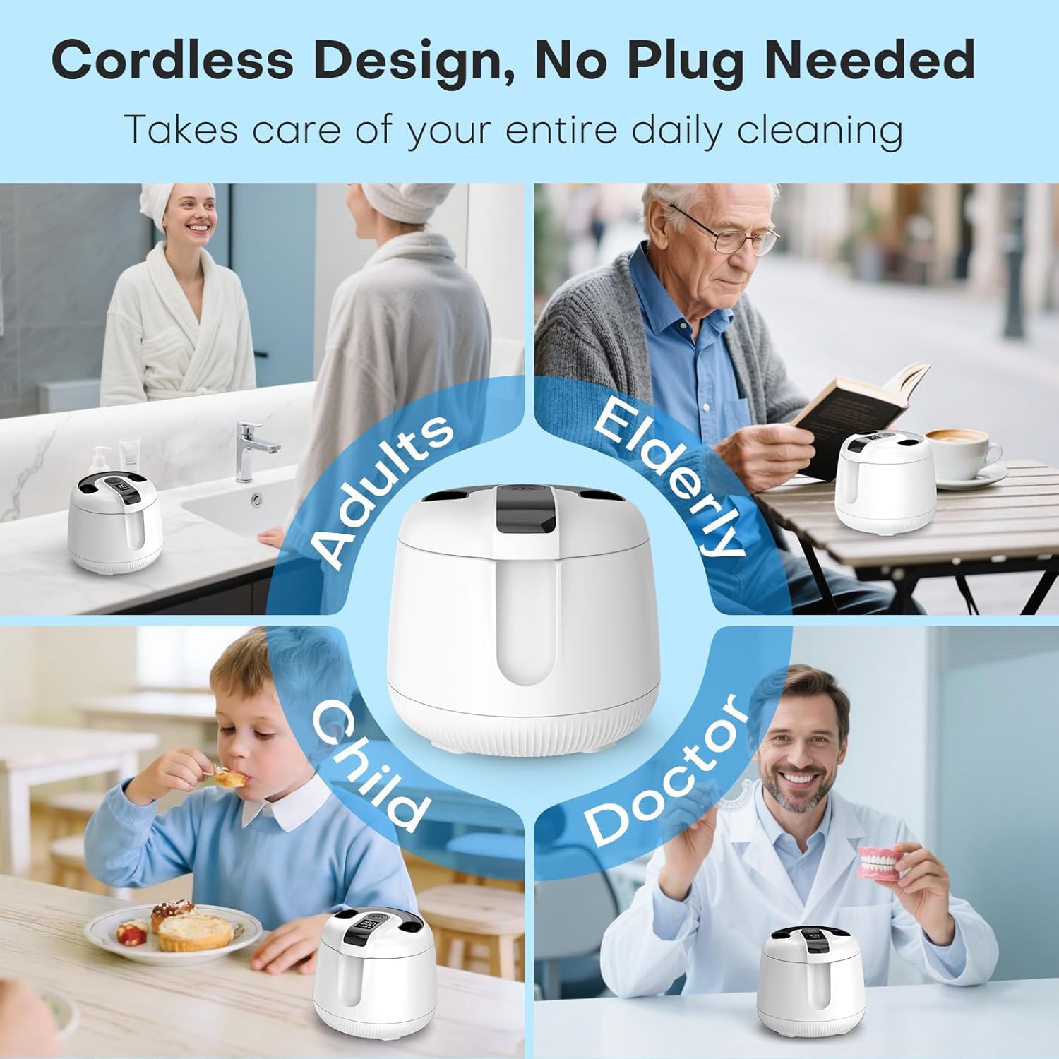 MEKO Cordless Ultrasonic Retainer Cleaner Machine, 48kHZ Rechargeable Denture Cleaner with 4000mAh Battery, IPX5 Waterproof Dental Pod for Aligner, Braces, Jewelry, Toothbrush Head-White